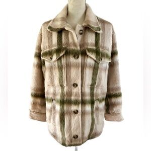 American Eagle Outfitters Plaid Teddy Jacket - Cream and Green